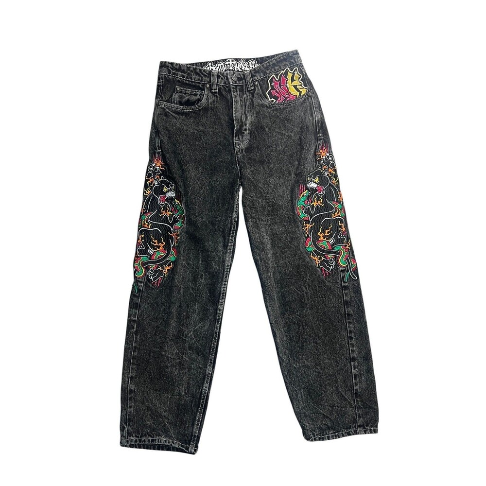 Ninth Hall Ambush Cotton Baggy Jeans Panther Snake Embroidered Denim Pants Black